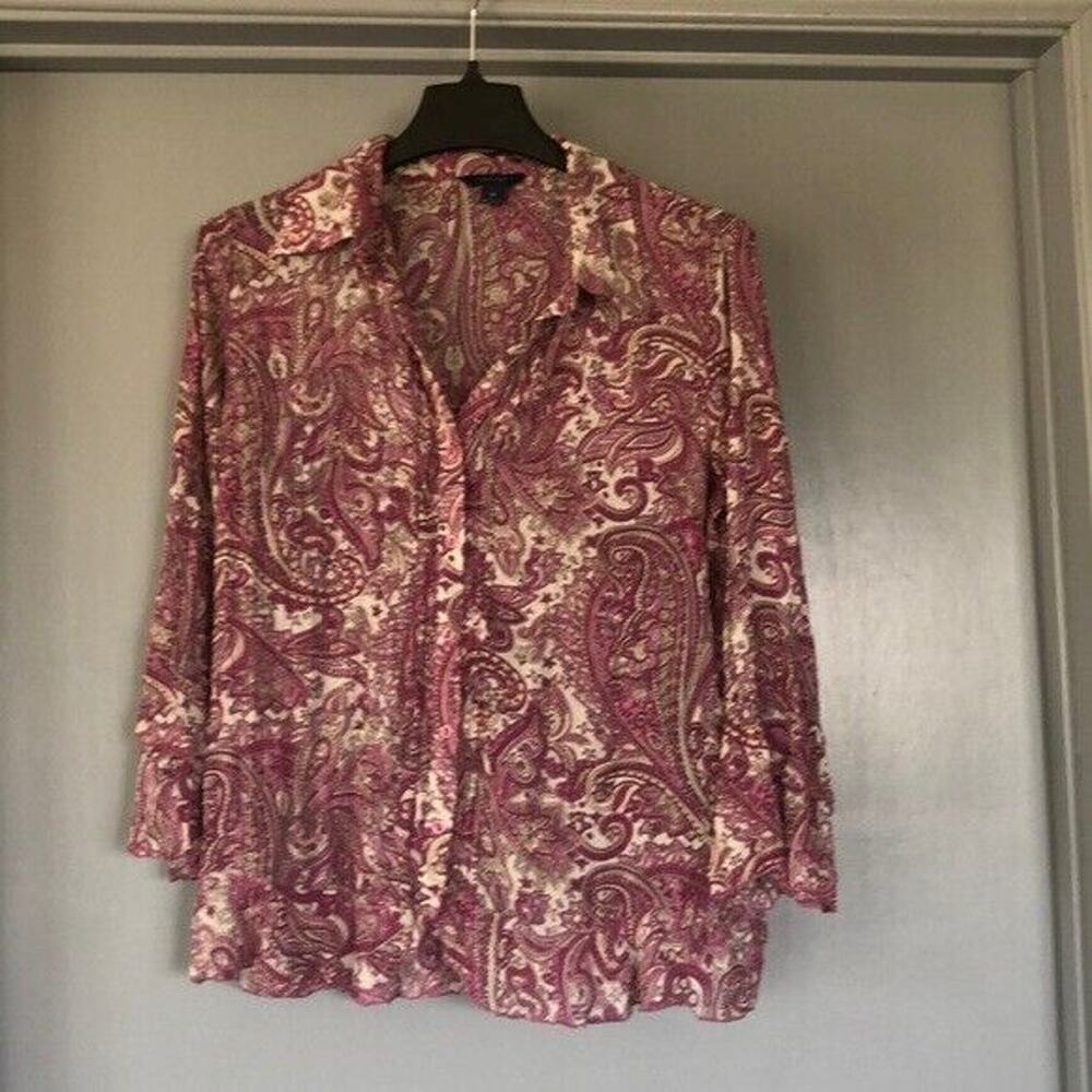Splendor pink Size S/P sheer paisley V-Neck blouse 3/4 sleeves Ruffles BOHO